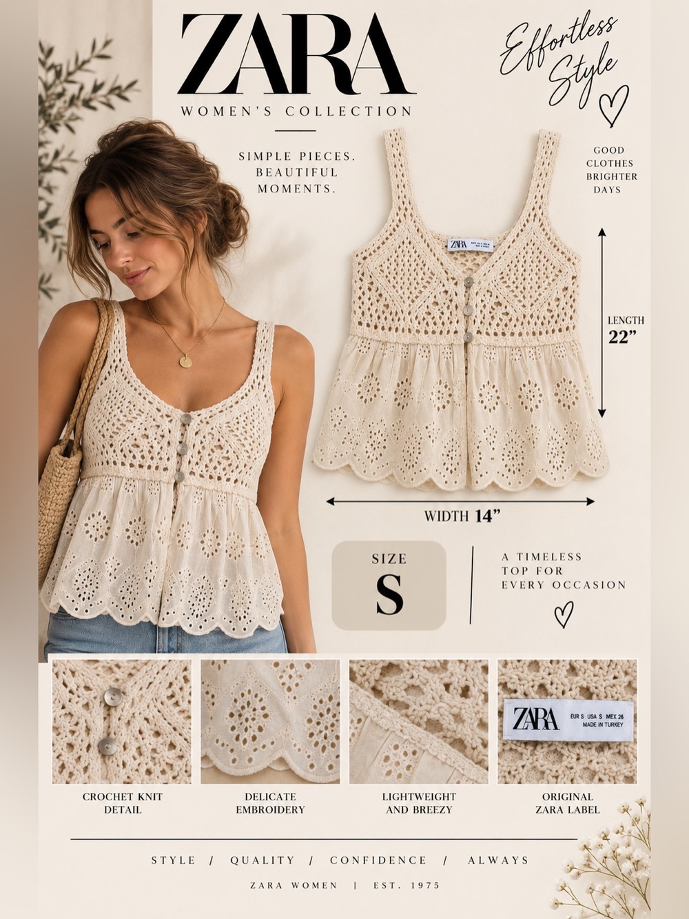 ZARA Women’s Crochet Eyelet Embroidered Babydoll Tank Top Cream Size S